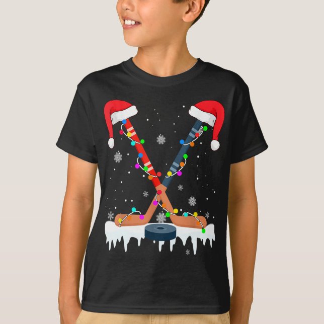 Hockey Weihnachtsmannmütze Christmas Lights Funny  T-Shirt (Vorderseite)