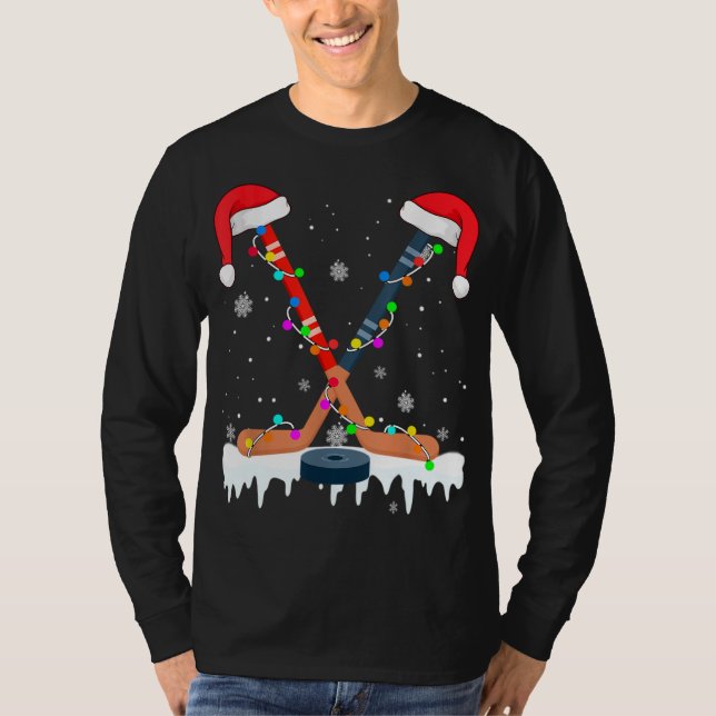 Hockey Weihnachtsmannmütze Christmas Lights Funny  T-Shirt (Vorderseite)