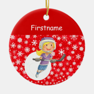 Hockeyornament für Girl-Spieler - roter Schnee Keramik Ornament