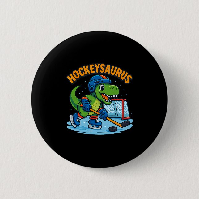 Hockeysaurus Lustiger Dinosaurier Eishockey Kinder Button (Vorderseite)
