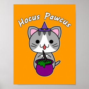Hocus Pawcus - Grey Tabby Cat - White Writing Poster