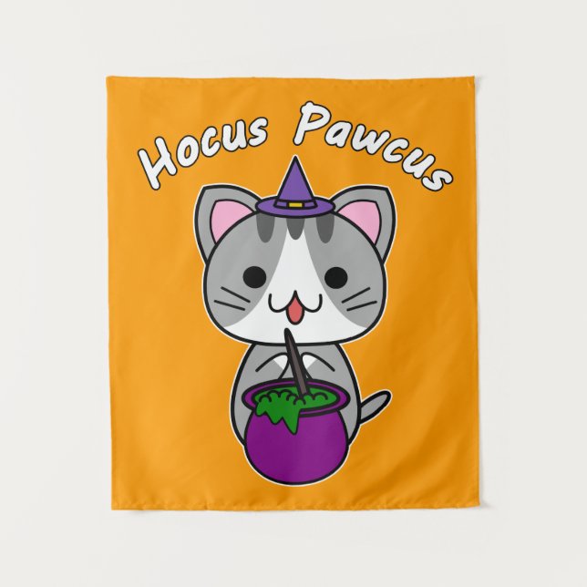 Hocus Pawcus - Grey Tabby Cat - White Writing Wandteppich (Vorderseite)