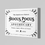 Hocus Pocus Apothecary Black and White Halloween Leinwanddruck<br><div class="desc">Das stilvolle Typografie-Design mit der Formulierung "The Sanderson Sisters Hocus Pocus Apothecary - Potions,  Zaubers,  Elixers & Tonics" heißt Sie herzlich willkommen. Das Schwarz-Weiß-Design ist mit Rollen,  einer Skulptur,  Kreuzbeinen und Sternelementen versehen.</div>