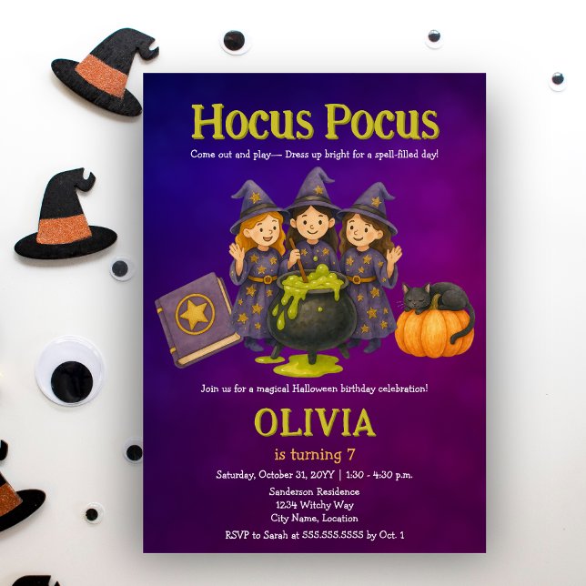 Hocus Pocus Halloween Geburtstagsparty Einladung (Cut little witches October Halloween birthday costume party invitation)