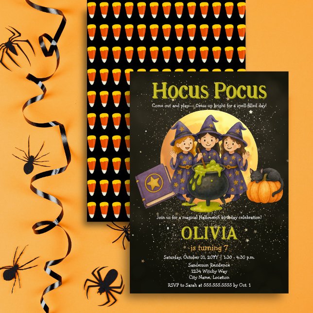 Hocus Pocus Halloween Geburtstagsparty Einladung (Hocus Pocus three little witches Halloween birthday party invitation in situ.)