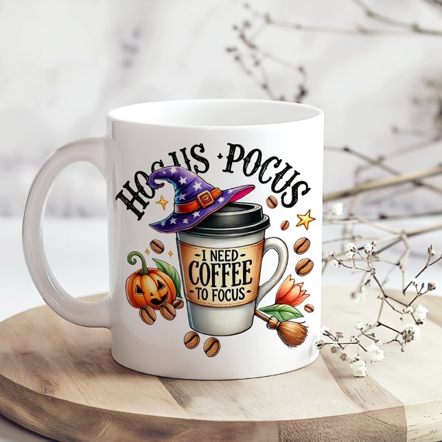 "Hocus Pocus I Need Coffee to Focus" Jumbo-Tasse ("Hocus Pocus I Need Coffee to Focus" Giant Coffee Mug on a boho kitchen table with tiny dry flowers)