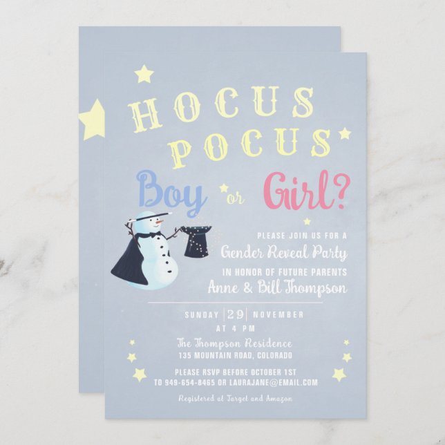 Hocus Pocus Magic Snowman Winter Gender Reveal Einladung (Vorne/Hinten)
