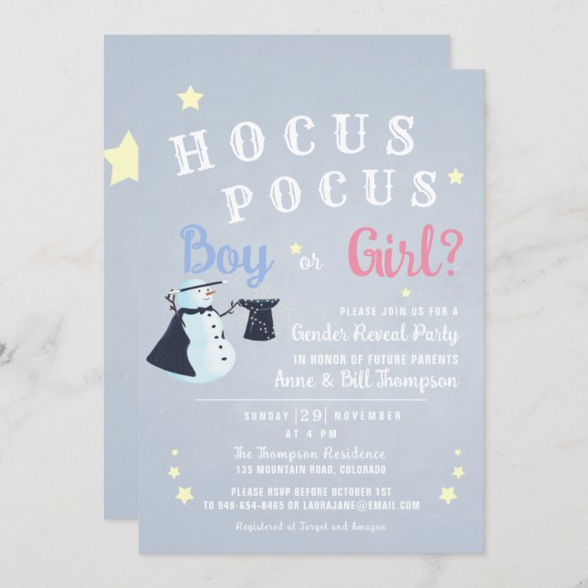 Hocus Pocus Magic Snowman Winter Gender Reveal Einladung (Vorne/Hinten)