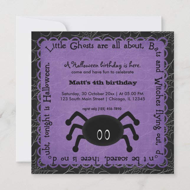 Hocus Pocus Spider Birthday (Lila) Einladung (Vorderseite)