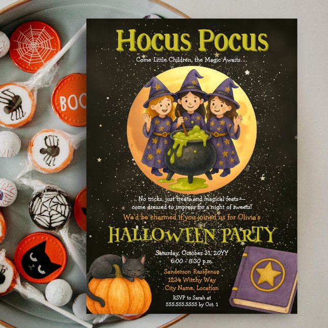 Hocus Pocus Witchy Kids Halloween-Party Einladung (Hocus Pocus three young witches Halloween Party invite)