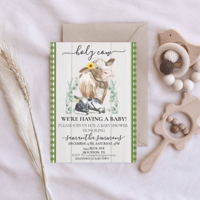 Hof Heilige Kuh Calf Baby Dusche Gingham Green Einladung (Von Creator hochgeladen)
