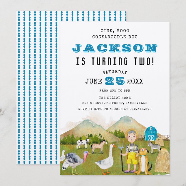 Hof Tiere und Junge 2. Geburtstag Einladung (Vorne/Hinten)