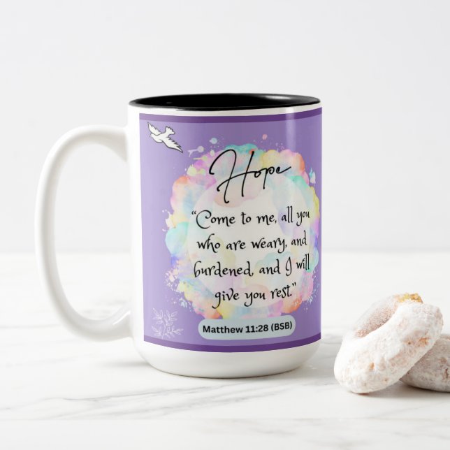 Hoffnung Botschaft - Matthew 11-28 - Zwei-Tone-Tas Zweifarbige Tasse (Mit Donut)