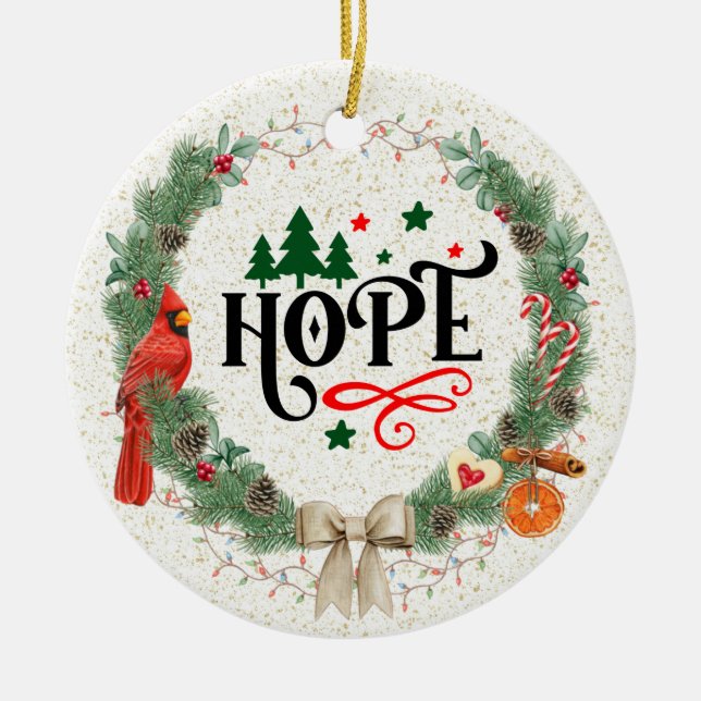 Hoffnung mit Weihnachtskranz mit Band Keramik Ornament (Vorne)