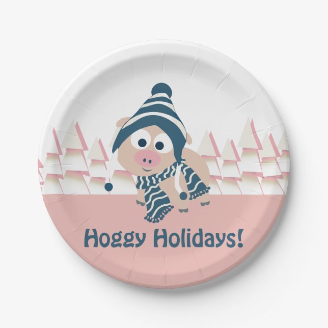 Hoggy Holidays! Niedliches Winterschwein Pappteller (Vorderseite)