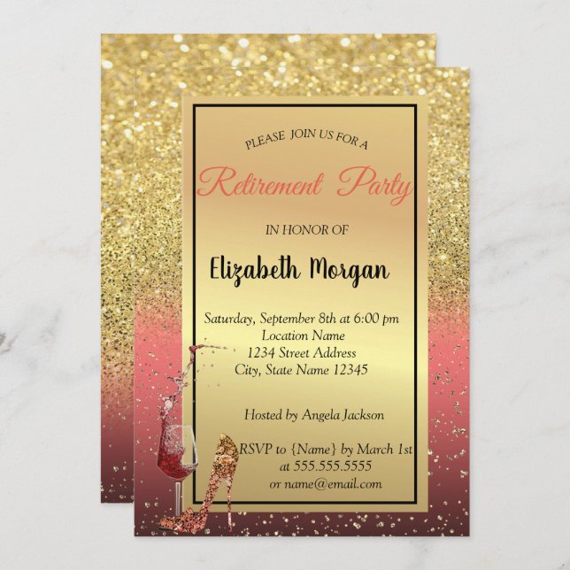Hoher Absatz, Weinglas, Rot, Glitzer Ruhestand Par Einladung (Vorne/Hinten)