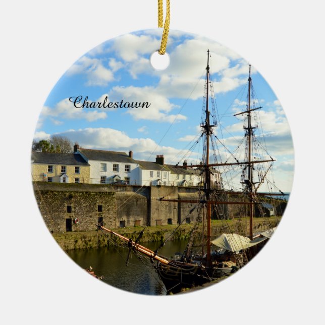 Hoher Schiffe Charlestown Hafen Cornwall England Keramik Ornament (Vorne)