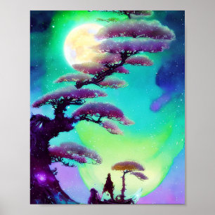 Hoher violetter Bonsai und Mond Poster