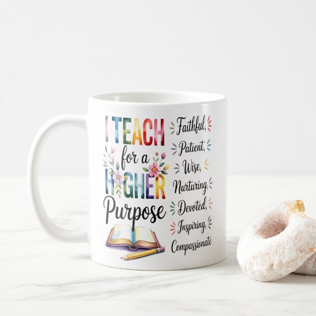 Höhere Zweck Buch Blumen Bleistift Illustration Kaffeetasse (Mit Donut)
