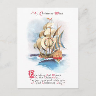 Hohes Schiff auf hoher See Vintage-Weihnachten Feiertagspostkarte