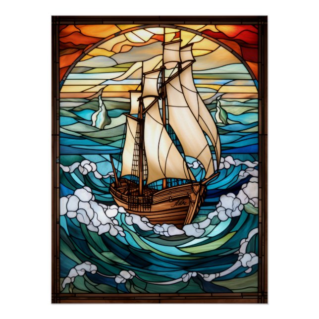 Hohes Schiff Buntglasfensterdesign Poster (Vorderseite)