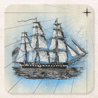 Hohes Schiff Vintage-Nautische Illustration Rechteckiger Pappuntersetzer