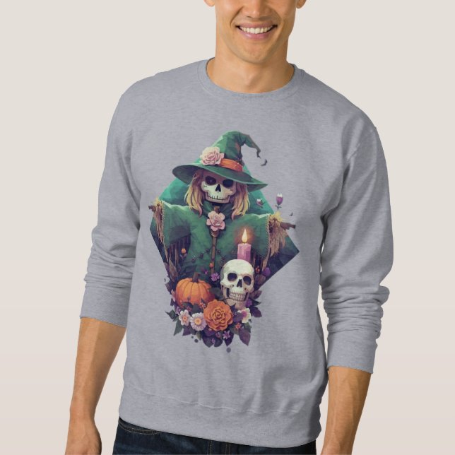Höhle mit Schädelkürbis und Blume Pixel Art Sweatshirt (Vorderseite)