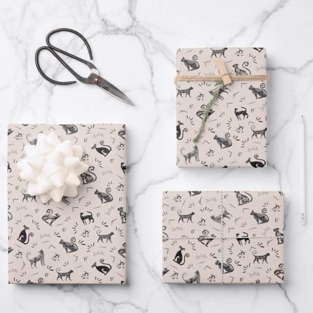 Höhlenkunst Katzen auf Beige Geschenkpapier Set (Vorderseite)