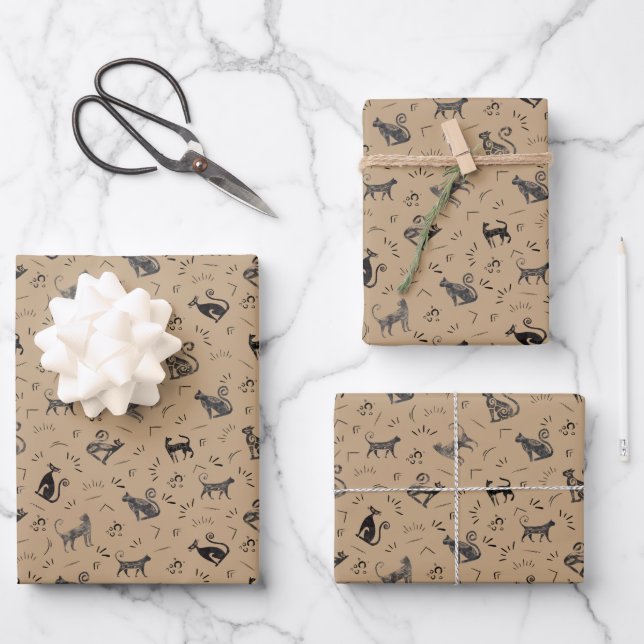 Höhlenkunst Katzen auf Beige Geschenkpapier Set (Vorderseite)