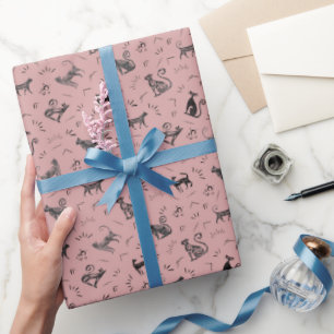 Höhlenkunst Katzen auf dunkler Teerosen-Pink Geschenkpapier
