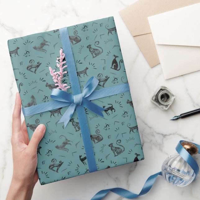 Höhlenkunst Katzen auf Grau Cyan Geschenkpapier (Schenken)