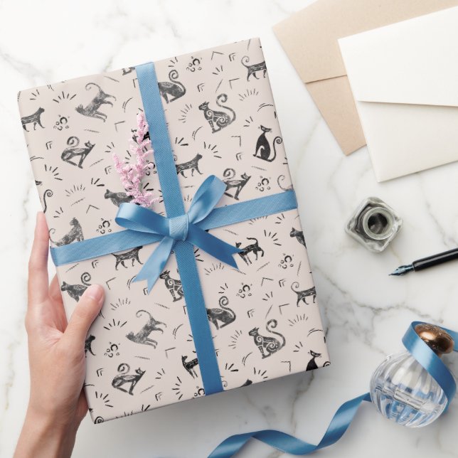 Höhlenkunstkatzen auf Beige Geschenkpapier (Schenken)