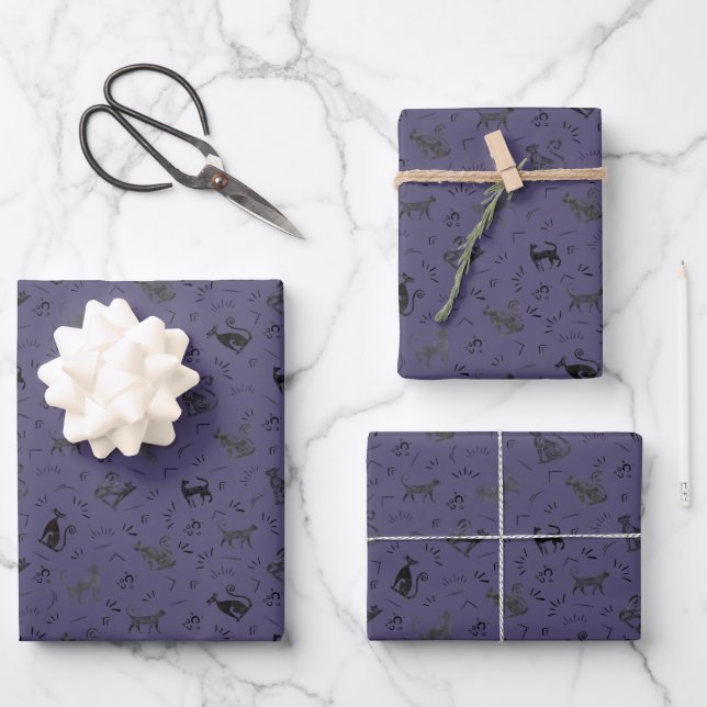 Höhlenkunstkatzen auf dunkelgrauem Indigo Geschenkpapier Set (Vorderseite)