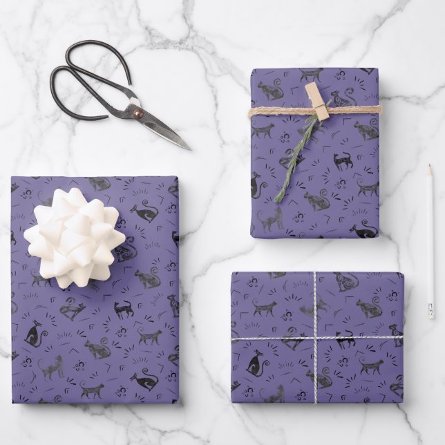 Höhlenkunstkatzen auf Grau Indigo Geschenkpapier Set (Vorderseite)