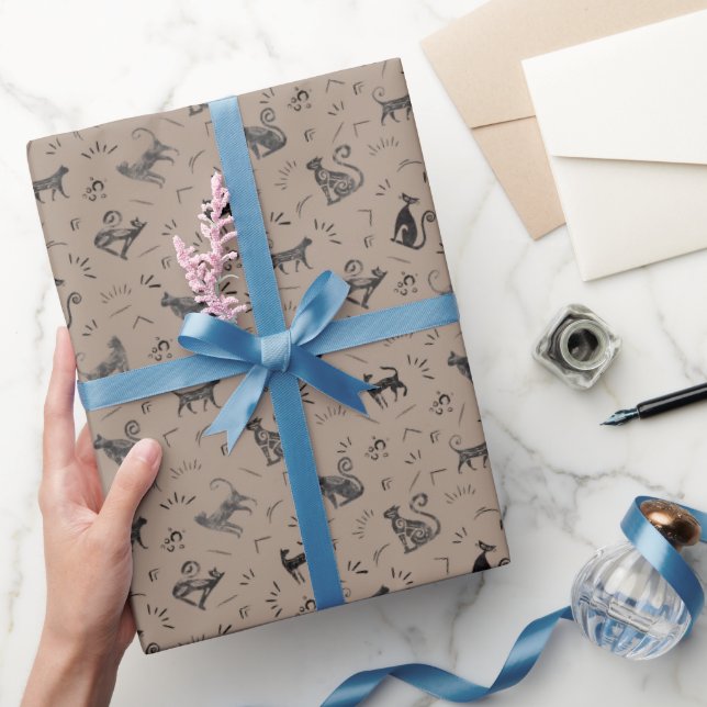 Höhlenkunstkatzen auf Hellbraun Geschenkpapier (Schenken)