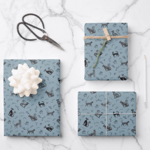 Höhlenkunstkatzen auf Hellgrauem Azurblau Geschenkpapier Set