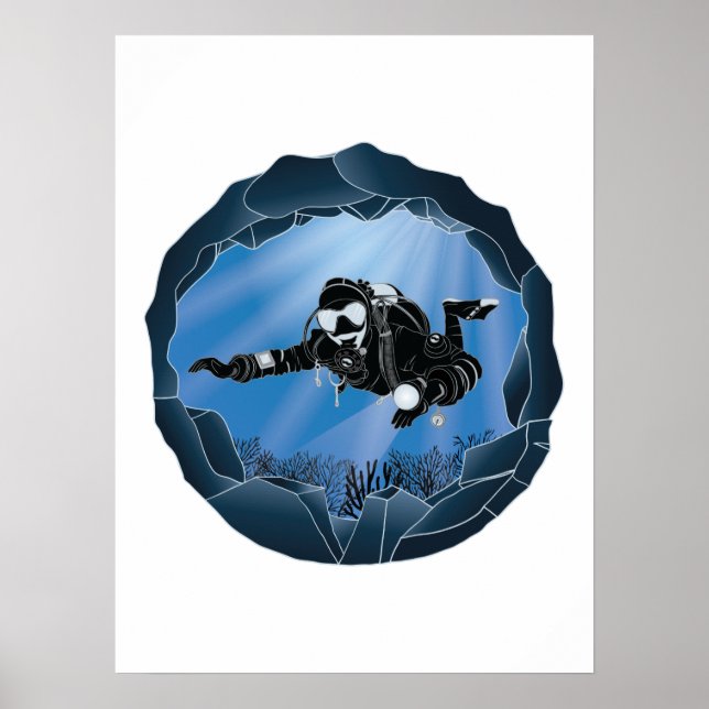 Höhlentauchen Kunst - Unterwasser-Taucher Poster (Vorne)