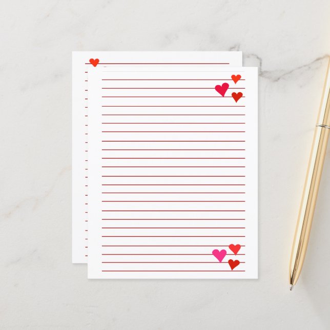 hoja de papel con renglones rojos y corazones (Vorderseite/Rückseite Beispiel)