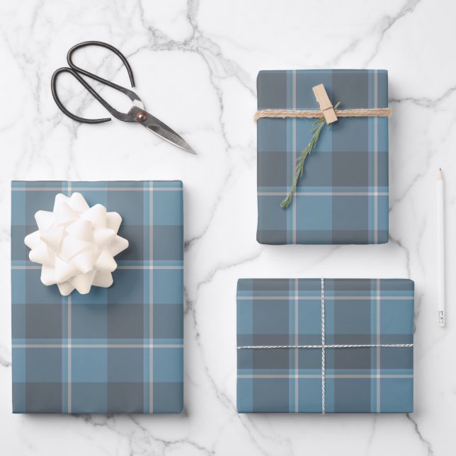 Hoki Blau und Shuttle Grau Kariert Geschenkpapier Set (Vorderseite)