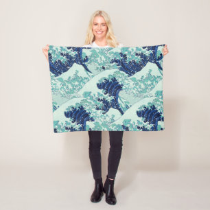 Hokusai Blue Waves Pattern Fleecedecke