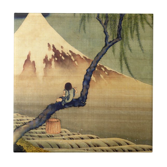Hokusai Boy View Mount Fuji Japanisch Vintag Fliese (Vorderseite)