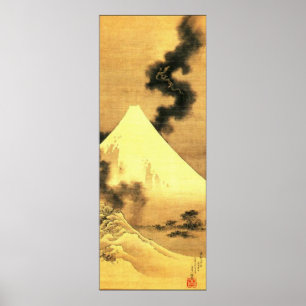 Hokusai der Drache des Rauchens, der dem Fuji entk Poster