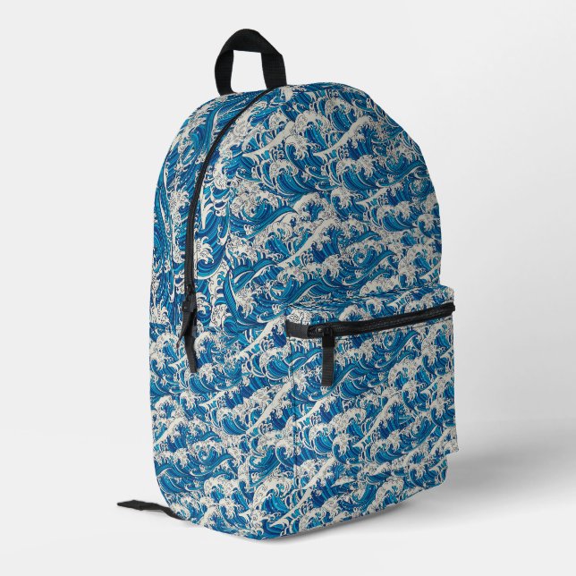 Hokusai, die Great Wave Pattern Nautical Blue Well Bedruckter Rucksack (Rückseitige Ecke links)