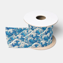 Hokusai, die Great Wave Pattern Nautical Blue Well Satinband