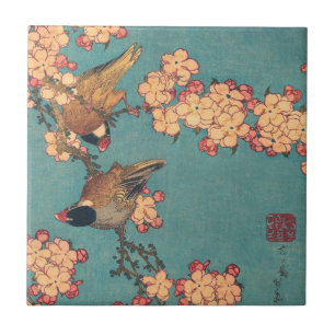 Hokusai Dompfaff und Kirschblüte Vintage Vogel Fliese
