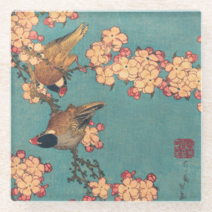 Hokusai Dompfaff und Kirschblüte Vintage Vogel Glasuntersetzer