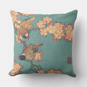 Hokusai Dompfaff und Kirschblüte Vintage Vogel Kissen