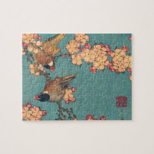 Hokusai Dompfaff und Kirschblüte Vintage Vogel Puzzle