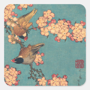 Hokusai Dompfaff und Kirschblüte Vintage Vogel Quadratischer Aufkleber