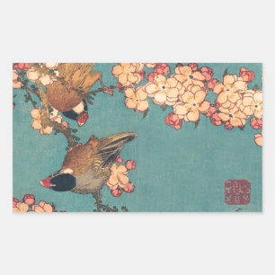 Hokusai Dompfaff und Kirschblüte Vintage Vogel Rechteckiger Aufkleber